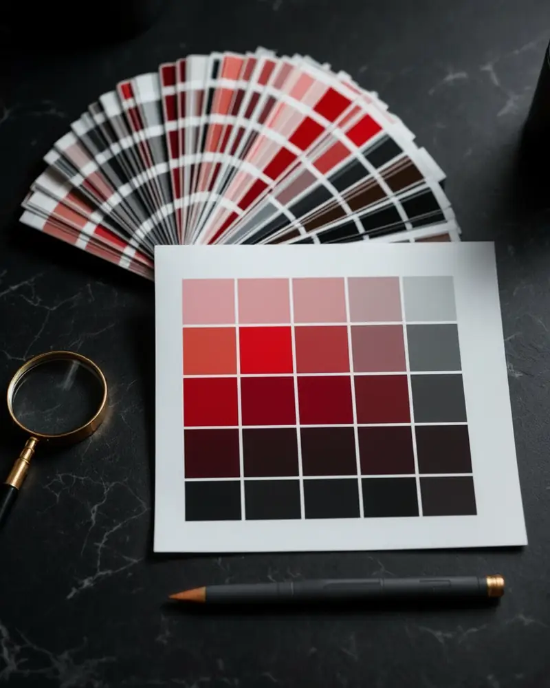 A colour swatch fan, a printed colour proof and a loupe on a dark stone desk