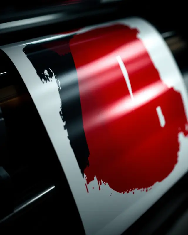 A glossy red and black print curving over a laminator roller