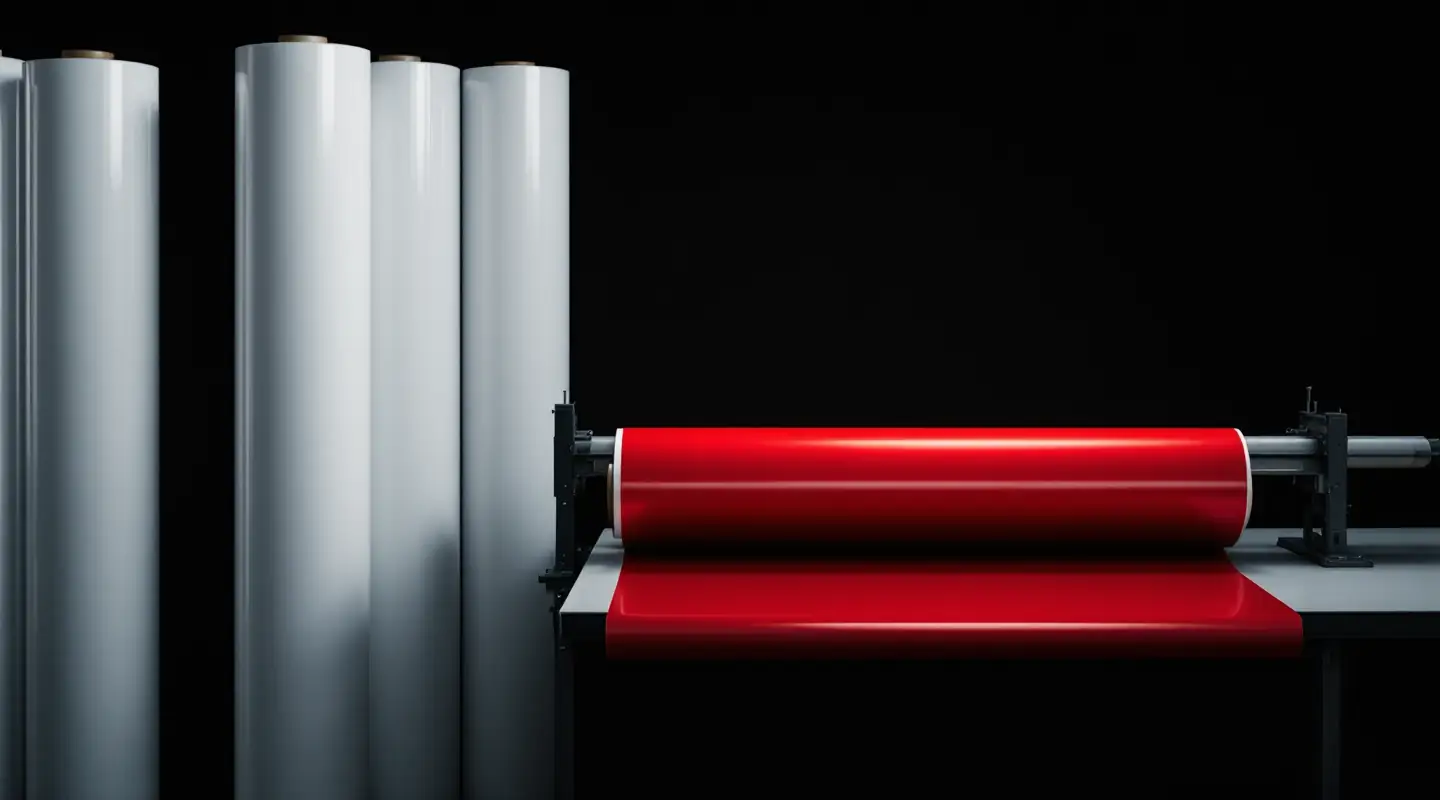 Rolls of white vinyl media standing next to a roll of red vinyl on a print shop rack