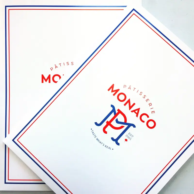 Custom presentation folders and menus printed for Pâtisserie Monaco